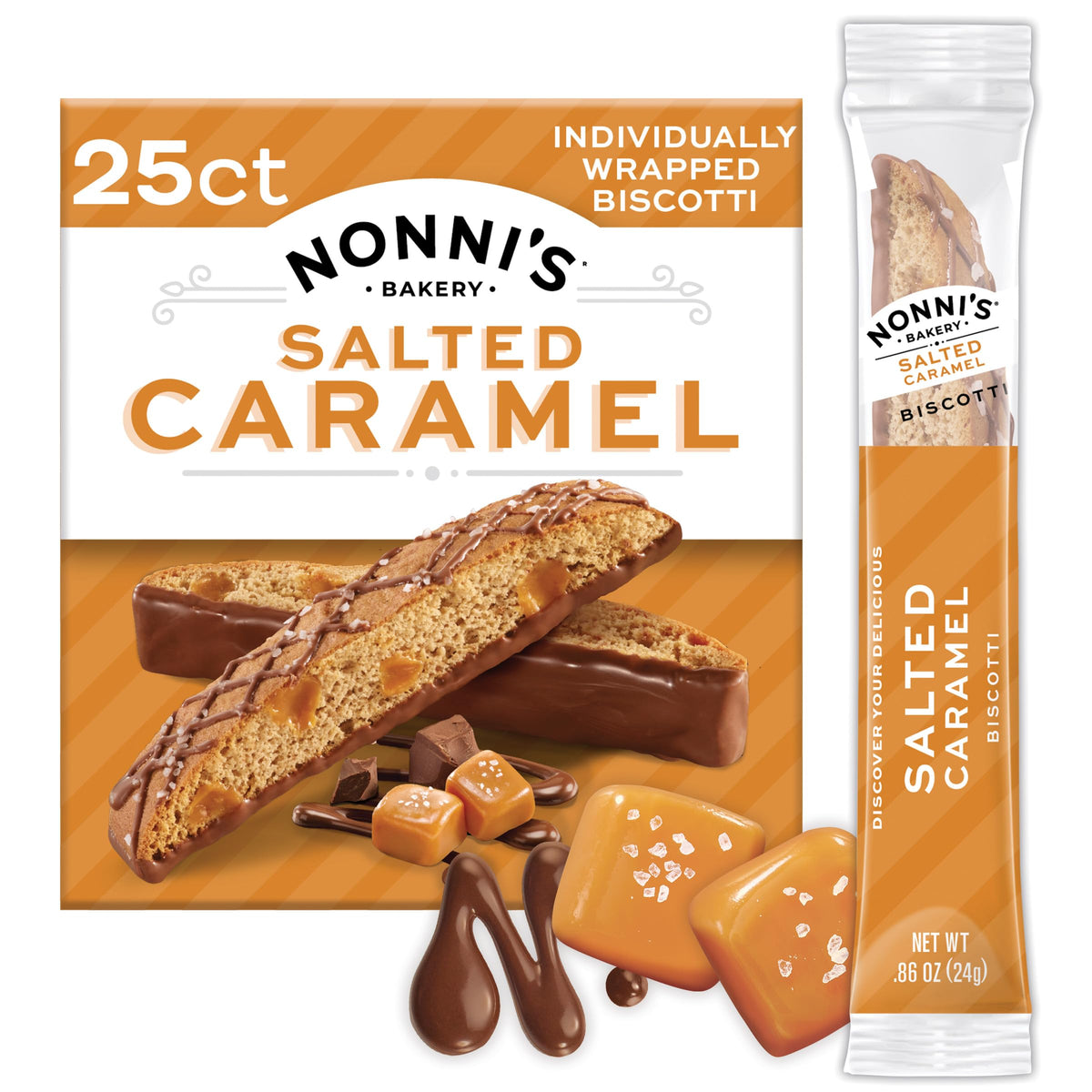Nonni's Bakery Salted Caramel Biscotti packaging on display, preserving freshness for guests