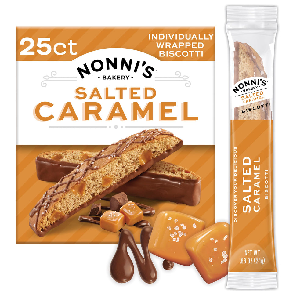 Nonni's Bakery Salted Caramel Biscotti packaging on display, preserving freshness for guests