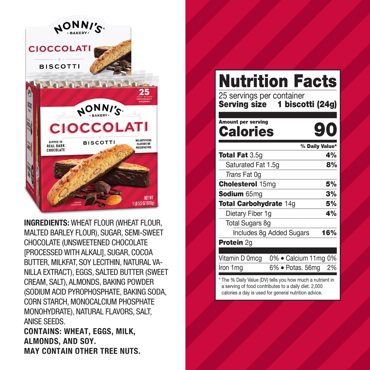 Close-up of Cioccolati Dark Chocolate Almond biscotti with almonds and chocolate