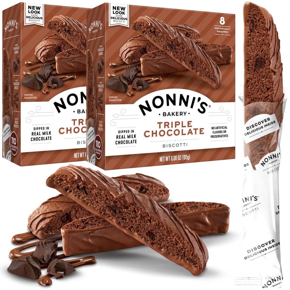 Nonni's Biscotti Turtle Pecan box packaging with triple chocolate bites, ideal for gifting
