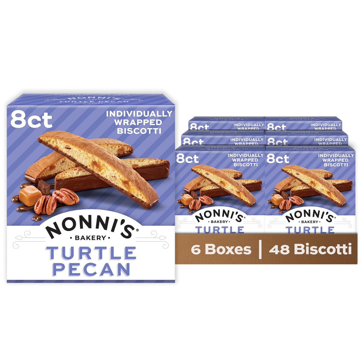 Nonni's biscotti turtle pecan, milk chocolate-dipped; perfect for dunking with coffee.