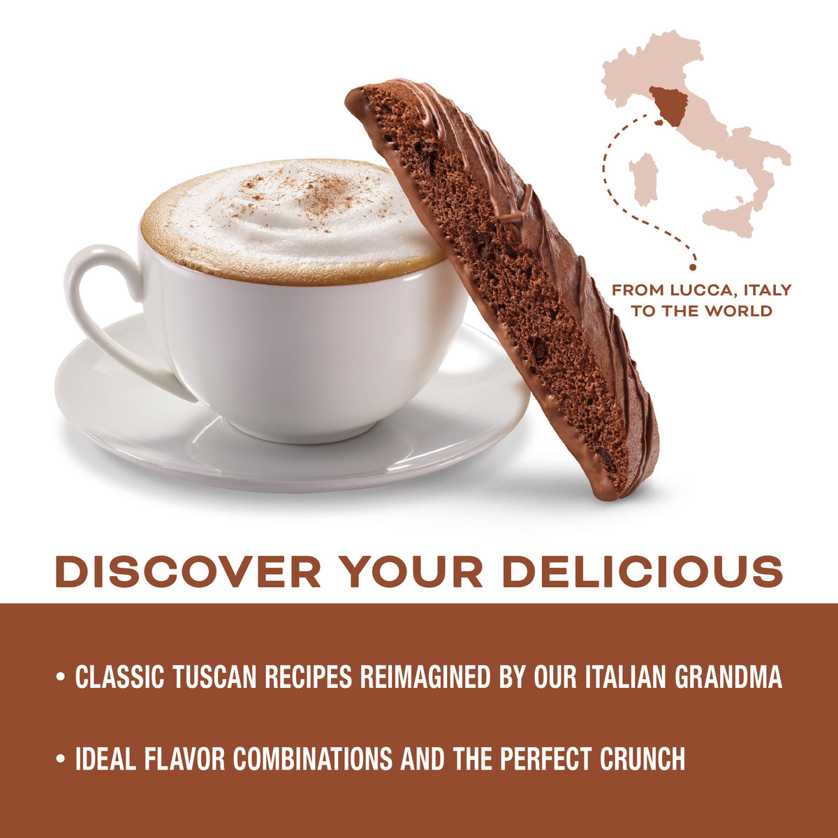 Nonni's biscotti dunking in gourmet dark chocolate for coffee moments