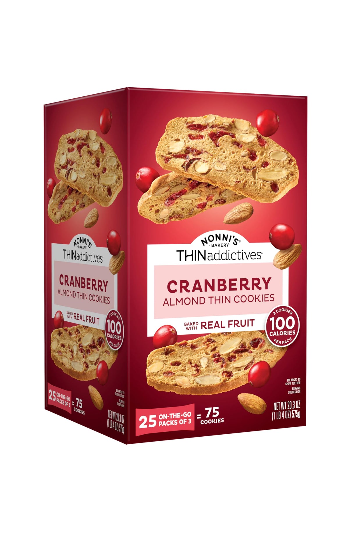 Nonni's Cranberry Almond Thin Cookies pack, a light, crisp snack with cranberry and almond flavor