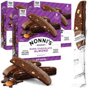 Nonni's dark chocolate almond biscotti boxed image, ideal for gifting.