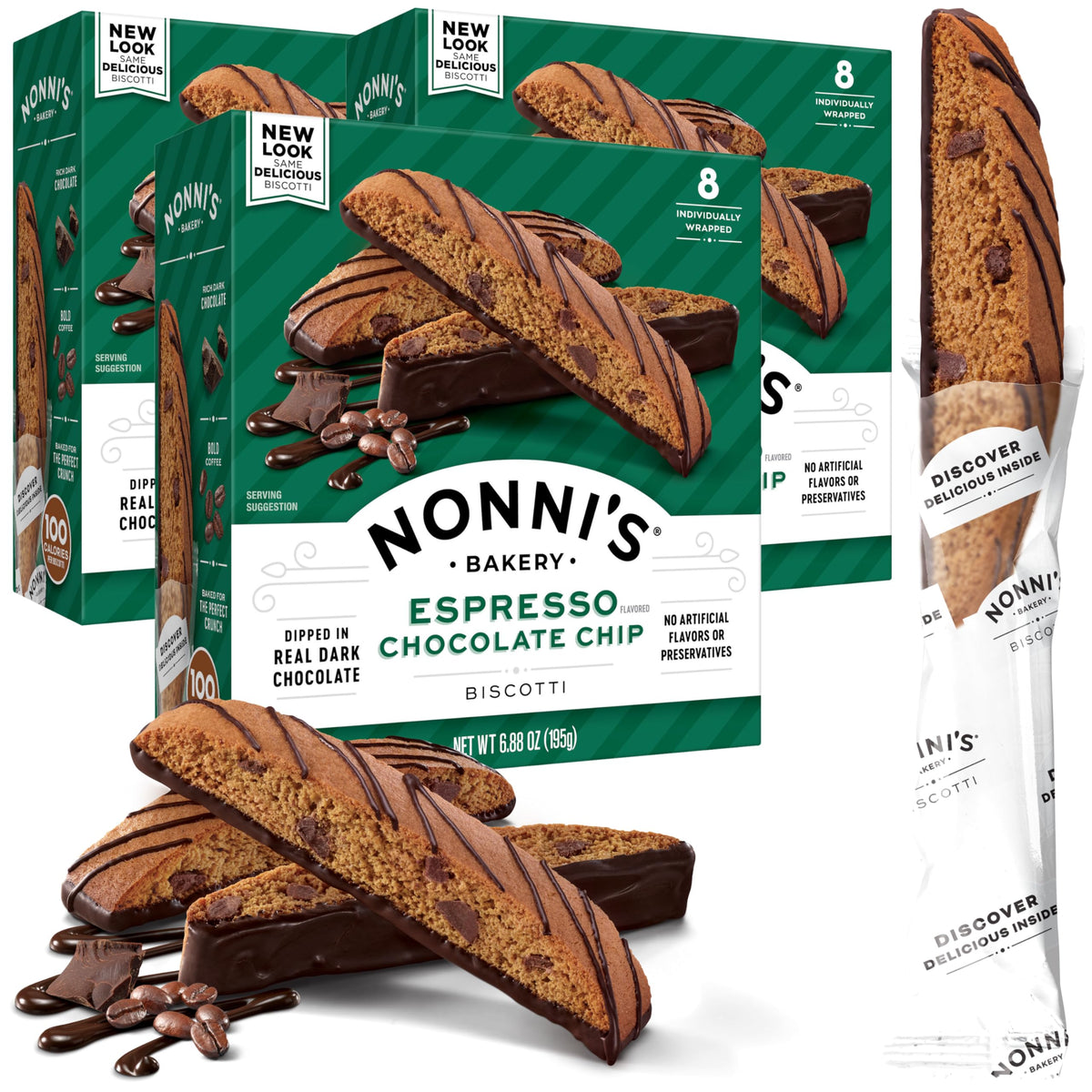 Nonni's Espresso Biscotti packaging highlights freshness and gift-ready appeal.