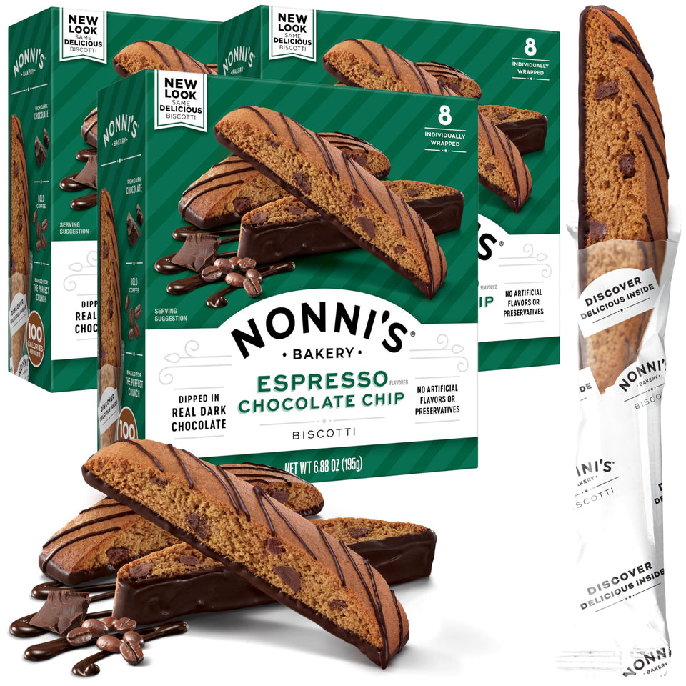 Nonni's Espresso Biscotti packaging highlights freshness and gift-ready appeal.