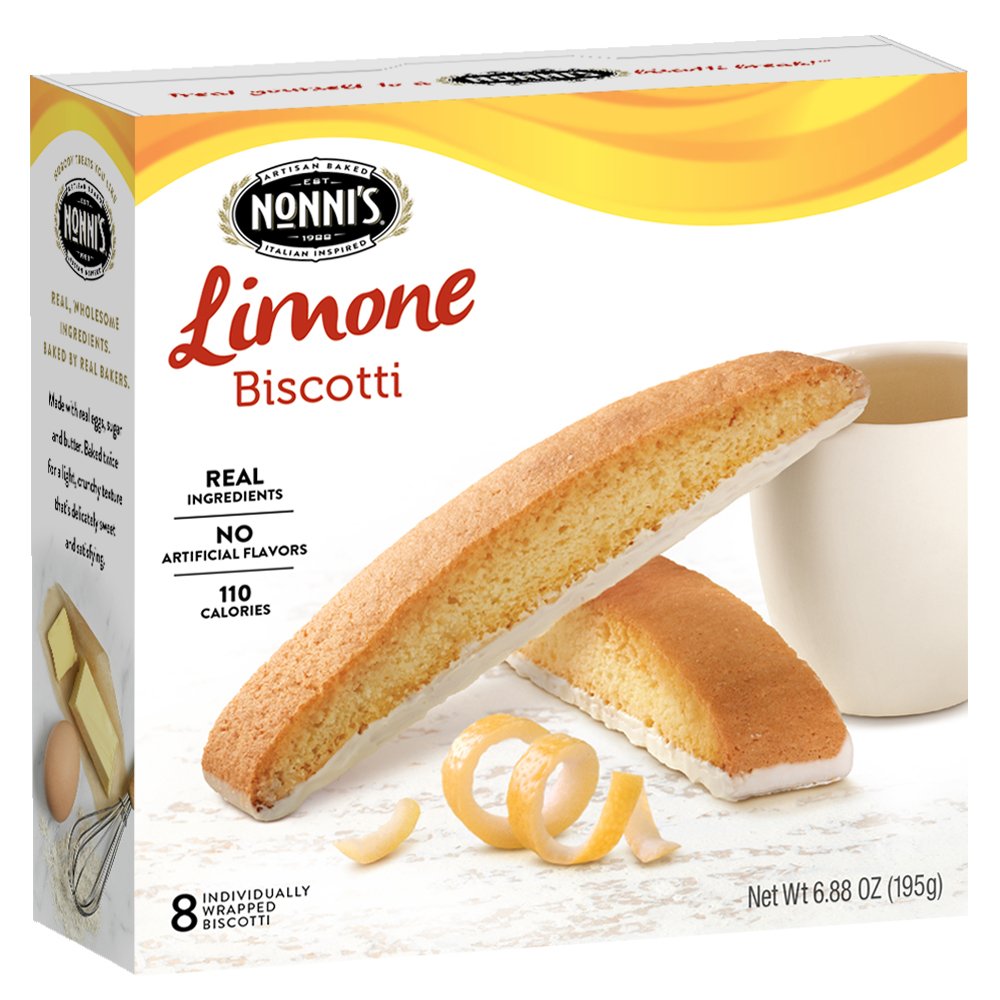 Nonni's Limone biscotti box set opened, showcasing eight individually wrapped pieces