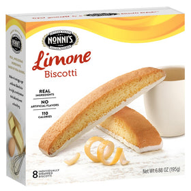 Nonni's Limone biscotti box set opened, showcasing eight individually wrapped pieces