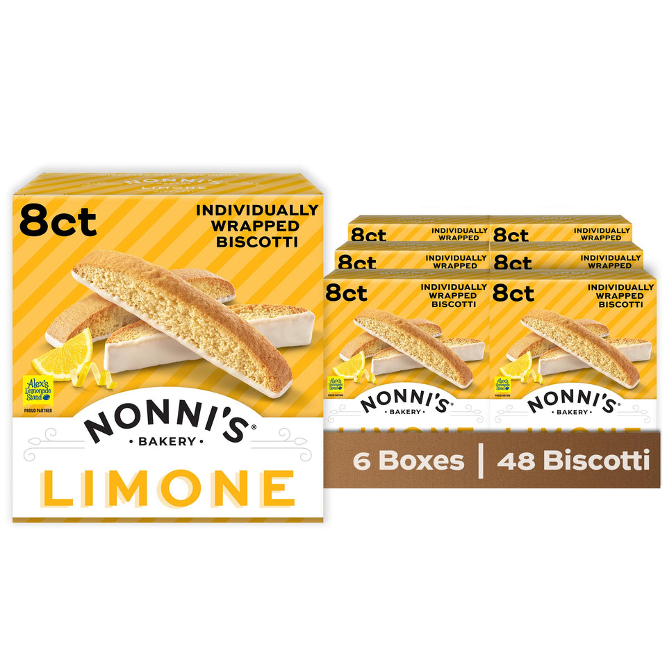 Nonni's Limone biscotti box with lemon icing, ideal with coffee