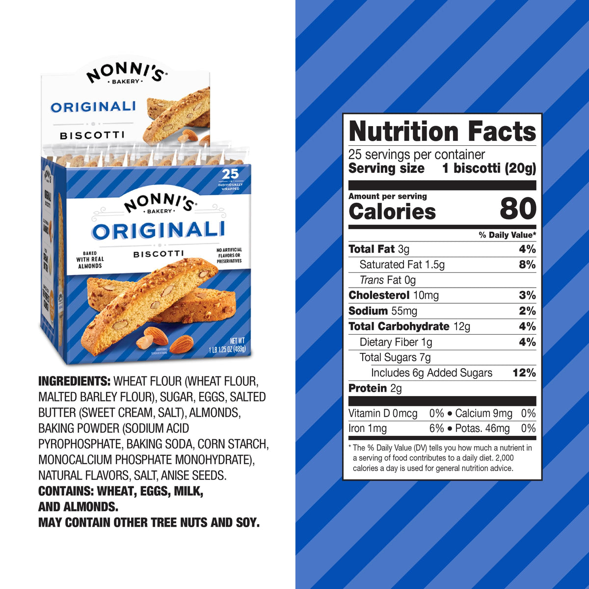 Nonni's Originali almonds close-up highlights crunchy, buttery biscotti.