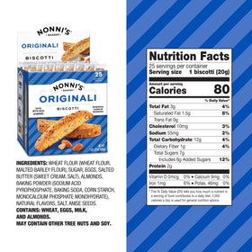 Nonni's Originali almonds close-up highlights crunchy, buttery biscotti.