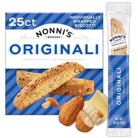 Nonni's Originali Classic Almond Biscotti carton, ideal pantry snack for coffee breaks.