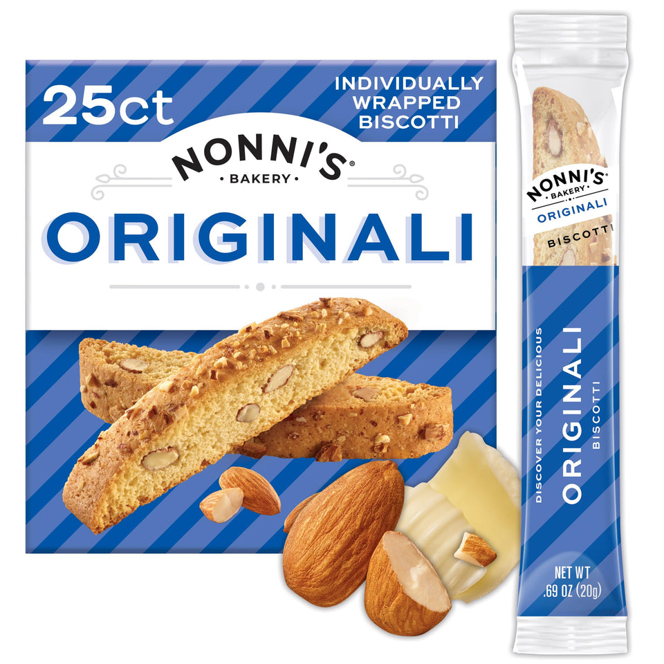 Nonni's Originali Classic Almond Biscotti carton, ideal pantry snack for coffee breaks.