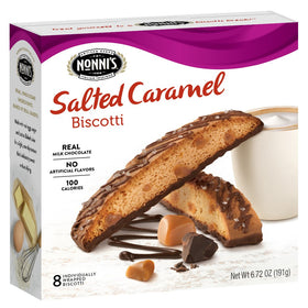 Close-up of Nonni's salted caramel biscotti with caramel center and chocolate dip