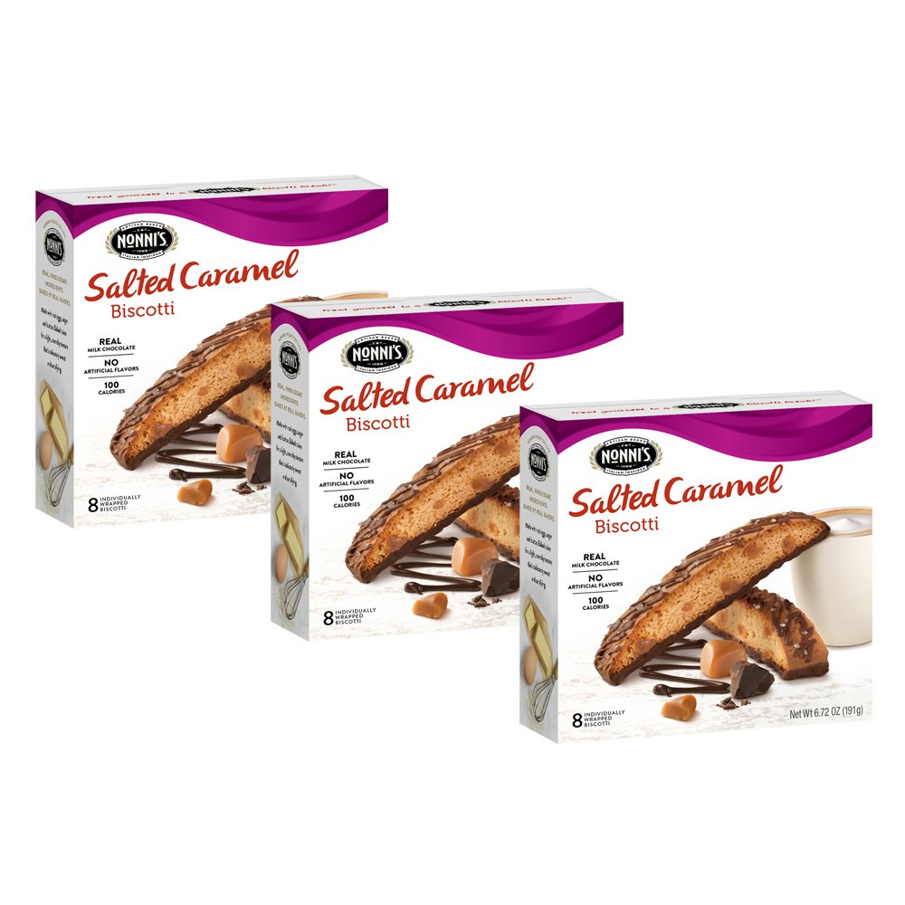 Nonni's salted caramel biscotti packaging showcases freshness and value in a convenient 3-box set