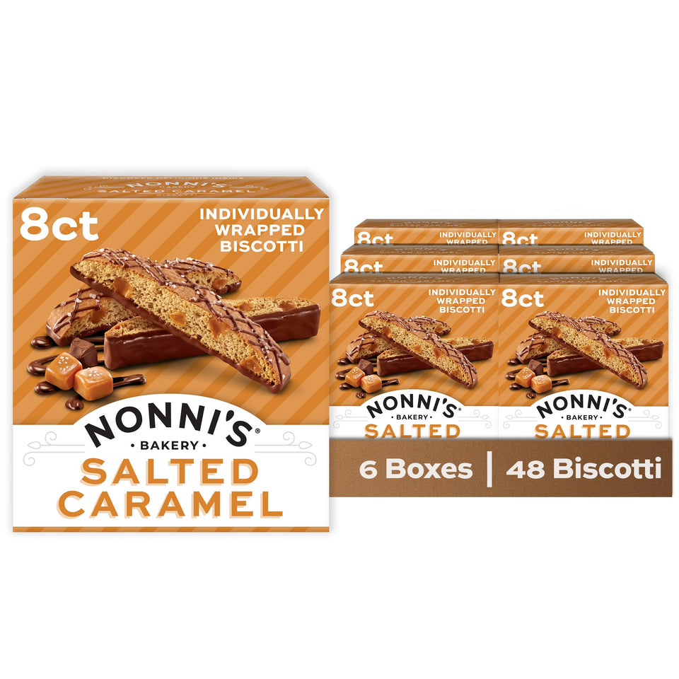 Nonni's salted caramel biscotti, crispy and indulgent, ideal with coffee or dessert wine.