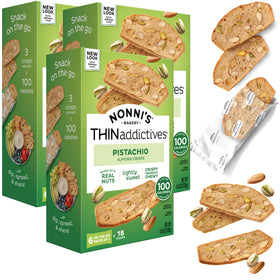 Nonni's Thin Addictives Pistachio Almond Thins box on display, a convenient 3-pack snack.