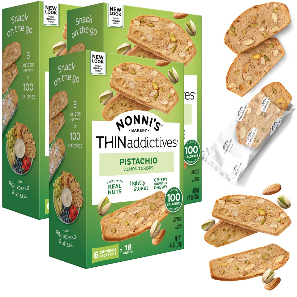 Nonni's Thin Addictives Pistachio Almond Thins box on display, a convenient 3-pack snack.