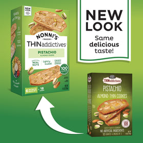 Close-up of Nonni's Pistachio Almond Thins showing toasted almonds and pistachios.