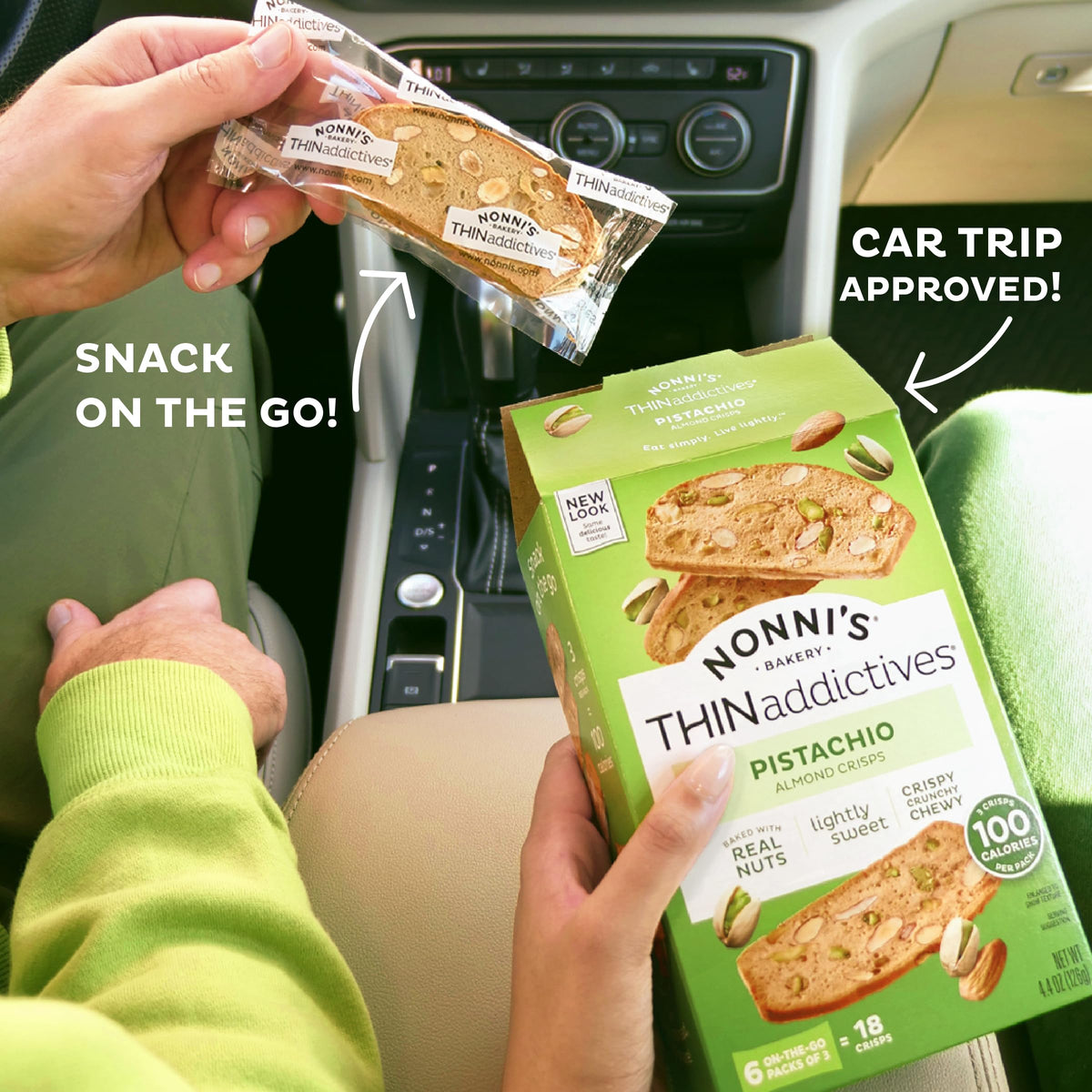 Freshness packs for Nonni's Thin Addictives Pistachio Almond Thins preserve flavor.