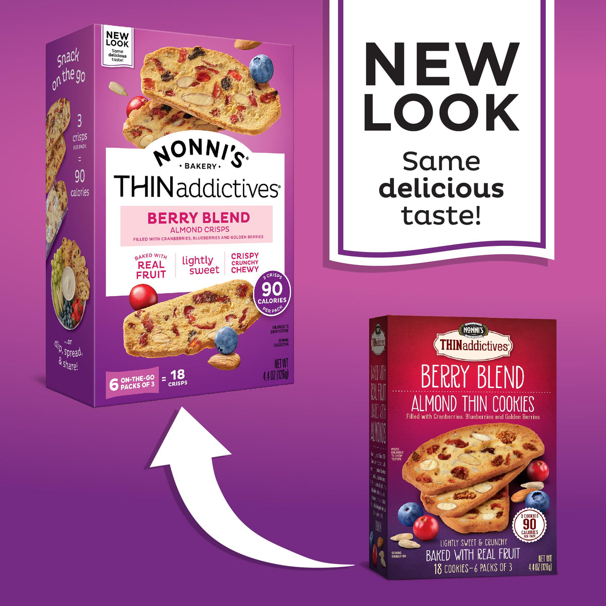 Nonni's Thinaddictives almond cookie with cranberries and blueberries, crisp bite.