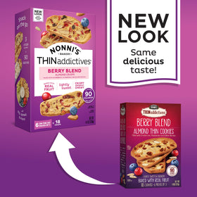 Nonni's Thinaddictives almond cookie with cranberries and blueberries, crisp bite.