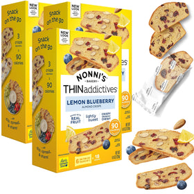 Nonni's THINaddictives lemon-blueberry almond cookies—crisp bites ideal with coffee