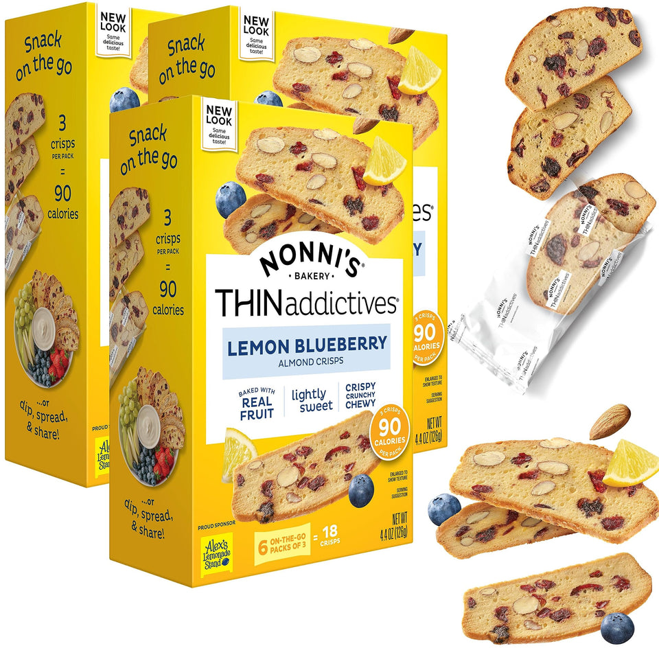 Nonni's THINaddictives lemon-blueberry almond cookies—crisp bites ideal with coffee