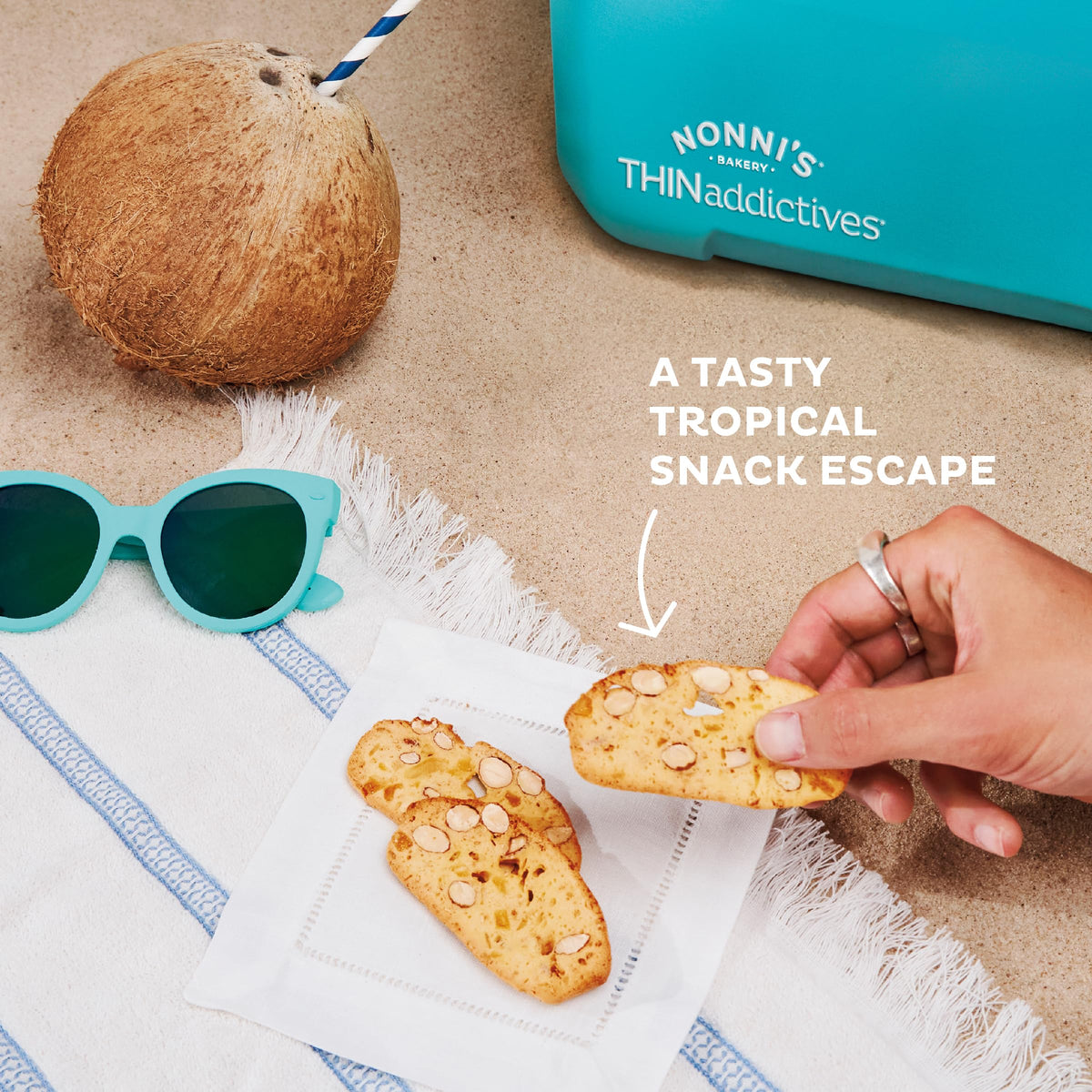 Nonni's THINaddictives almond thin cookies with crisp edges, ideal for dessert parfaits.