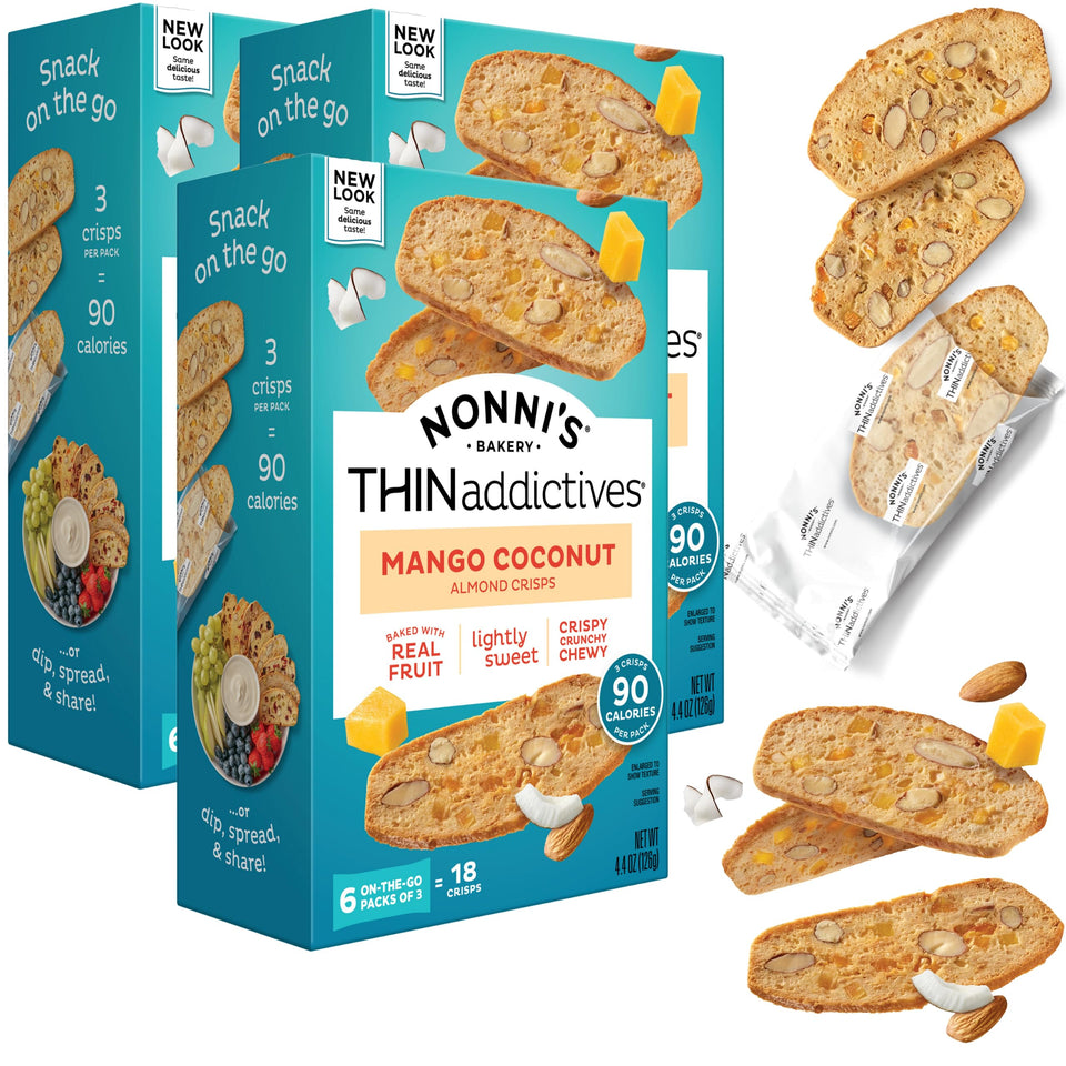 Nonni's THINaddictives almond thin mango coconut box front, light and crispy for coffee breaks.