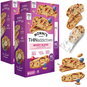 Nonni's Thinaddictives Berry Blend almond cookies on a tray, ideal with coffee.