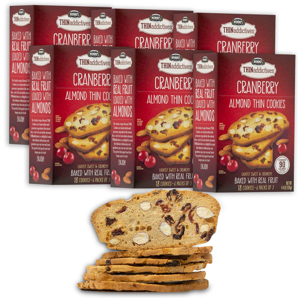 Nonni's THINaddictives Cranberry Almond Thins in a convenient on-the-go pack for snacking