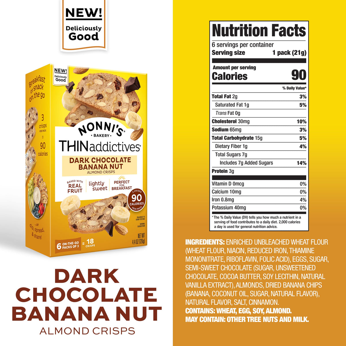 Close-up of real banana chips and almonds in Nonni's crisps, showcasing wholesome ingredients
