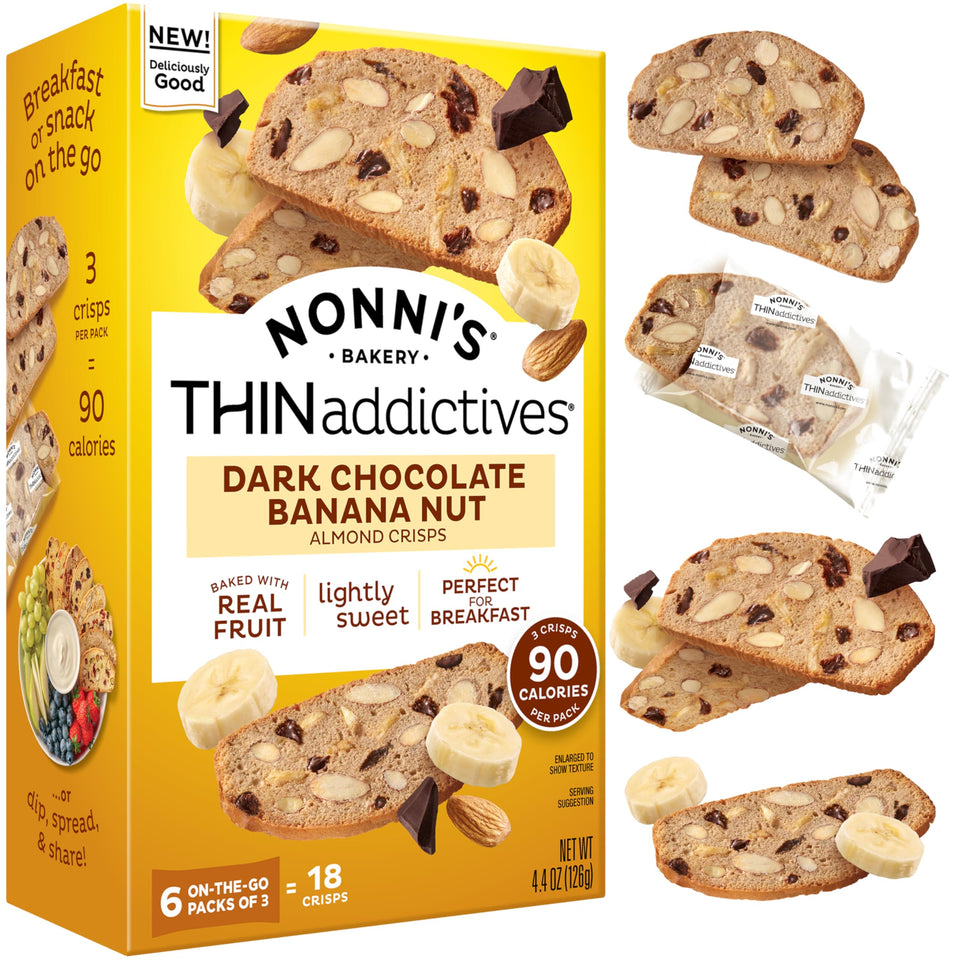 Nonni's THINaddictives dark chocolate banana nut crisps pack, a convenient on-the-go snack for quick energy