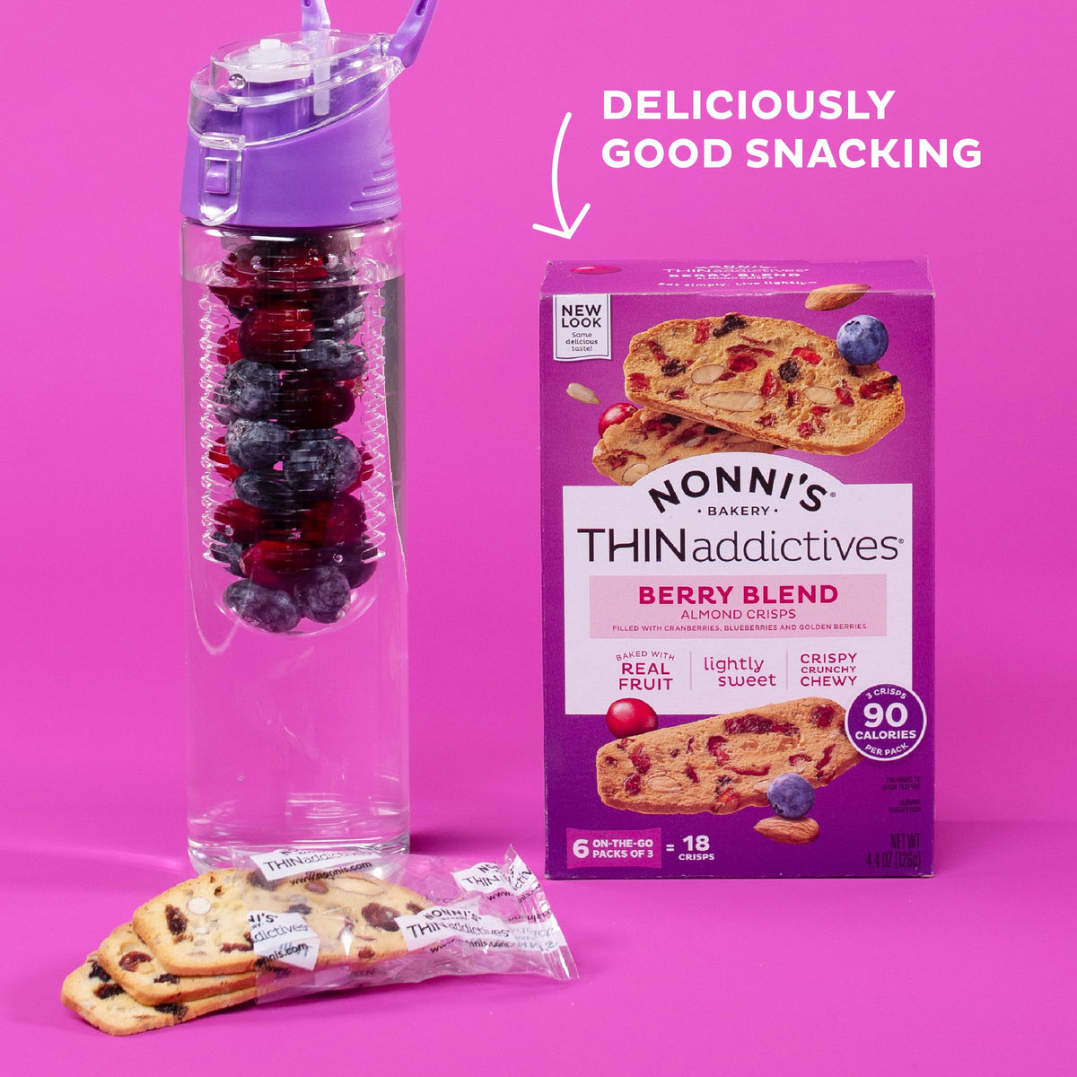 Individually wrapped Nonni's Thinaddictives, stay fresh for on-the-go snacking.