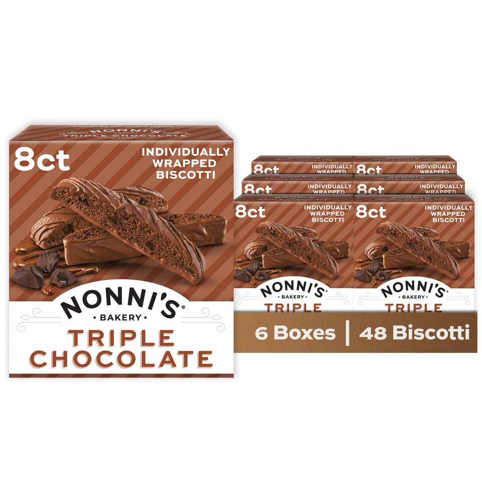 Nonni's Triple Chocolate Biscotti, ideal with coffee, indulgent chocolate flavor.