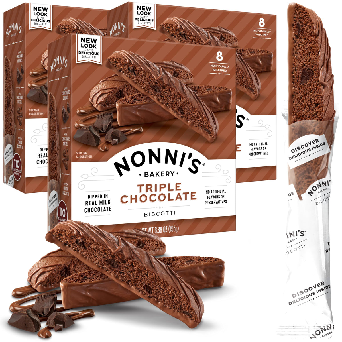Nonni's Triple Chocolate Biscotti three-box pack ideal for sharing and gifting.