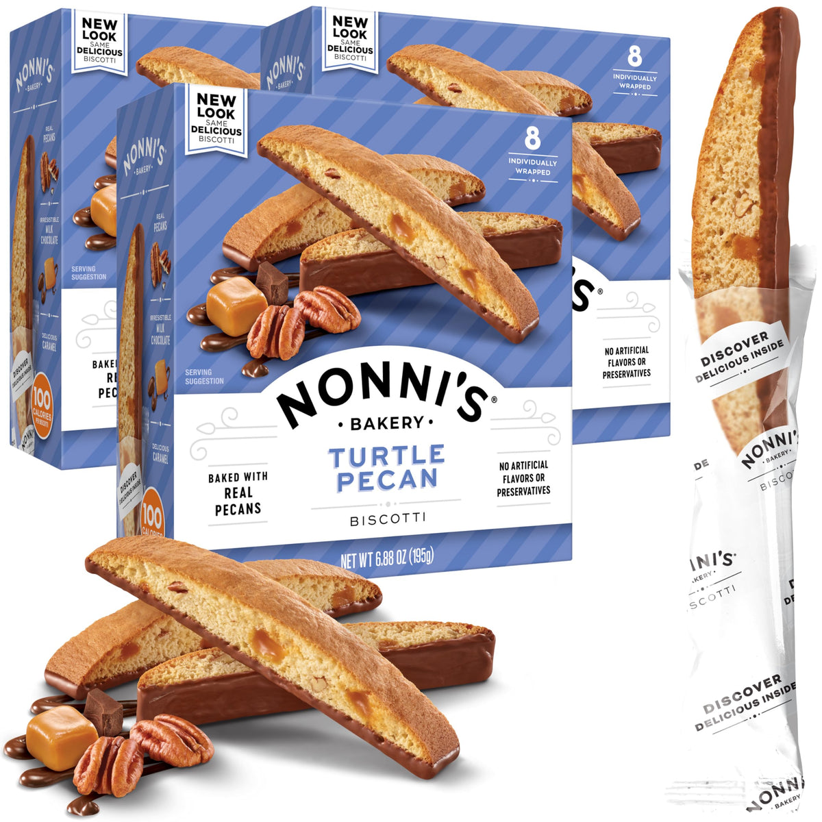 Nonni's Turtle Pecan Biscotti caramel milk chocolate box for gifting and sharing