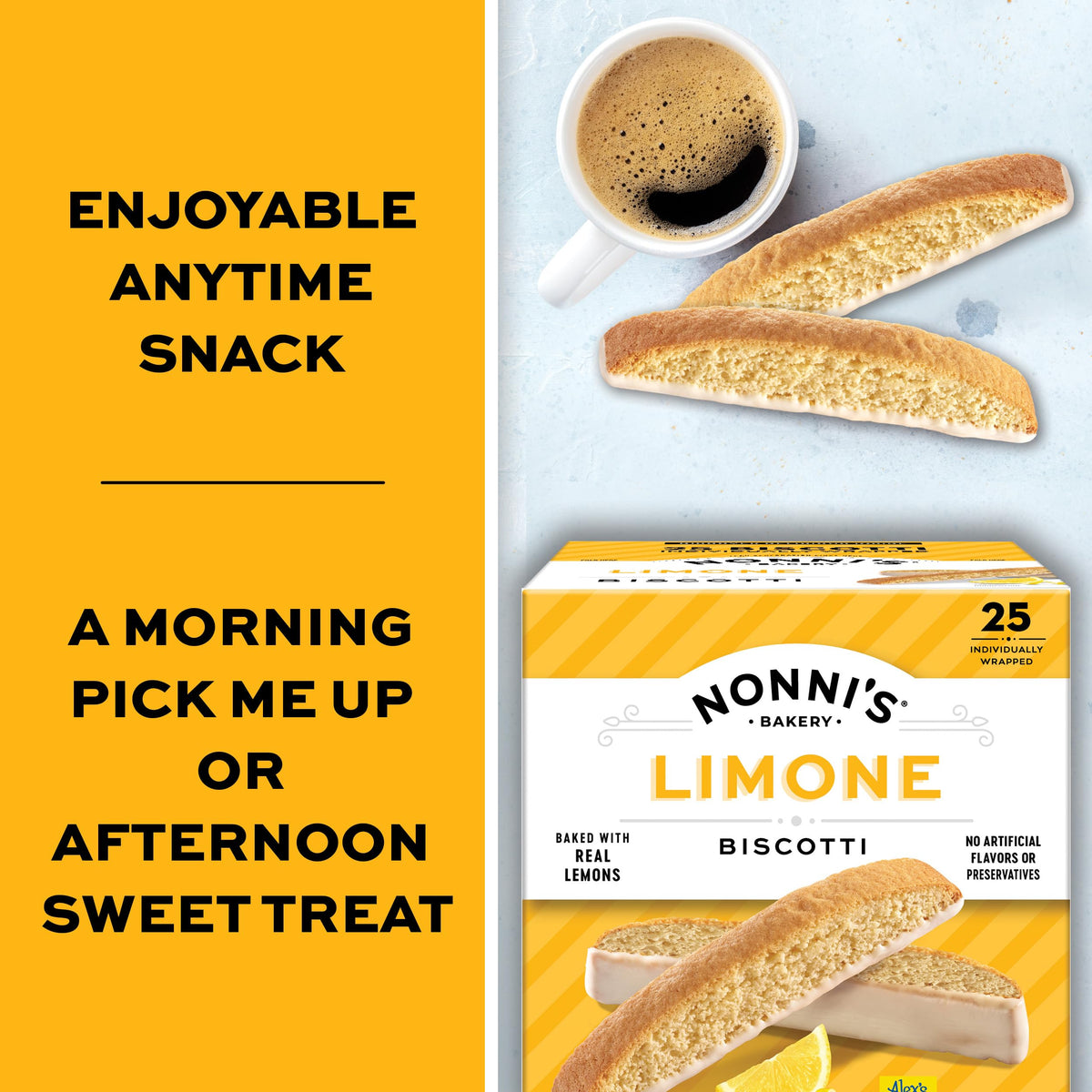 Twice-baked crisp texture of Nonni's Limone biscotti with lemon glaze