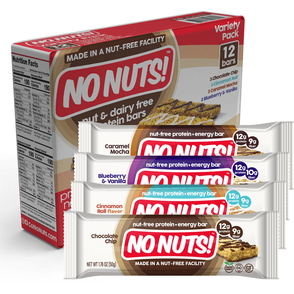 No Nuts! Protein Bar Variety Pack in chocolate chip flavor, nut-free and school-safe.
