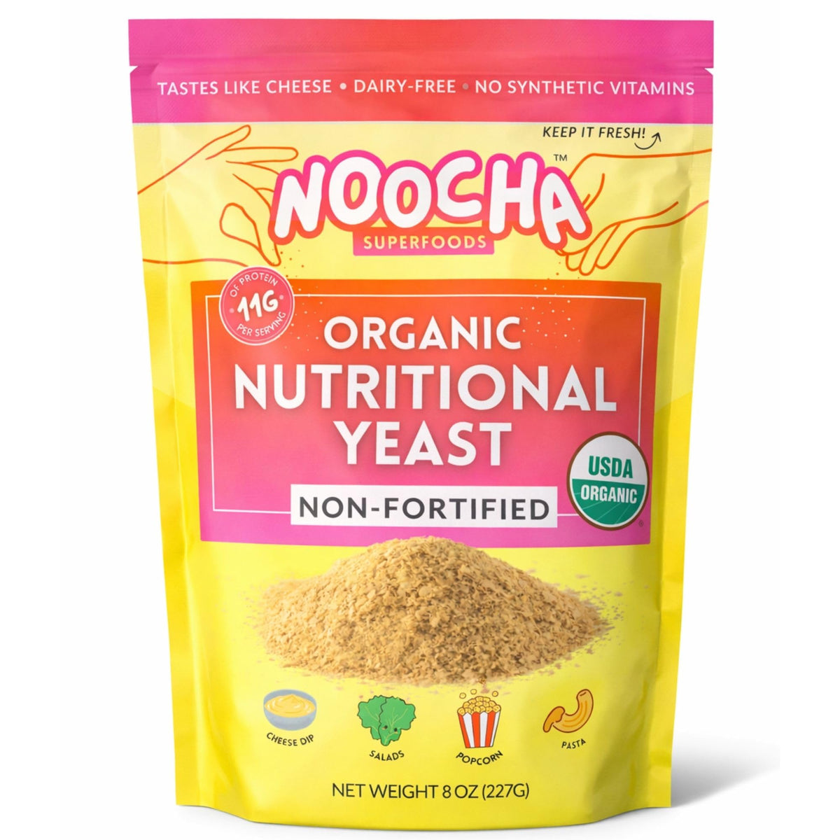 Noocha Organic Nutritional Yeast Flakes packaging on shelf, ready for plant-based kitchens.