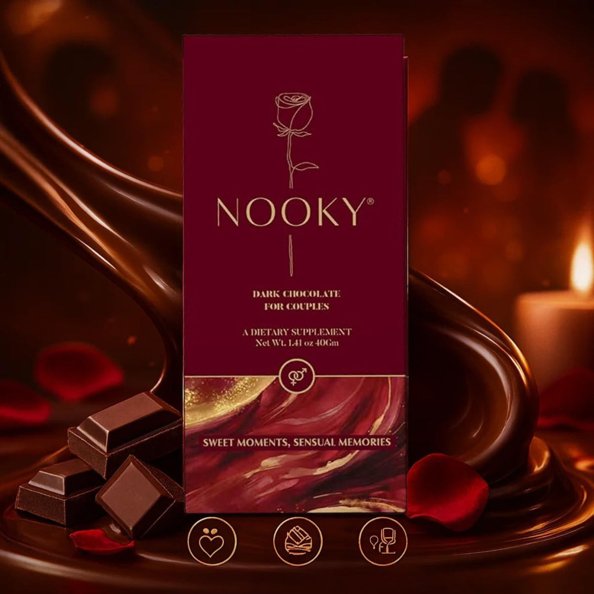 Two Nooky dark chocolate squares shared for a cozy moment