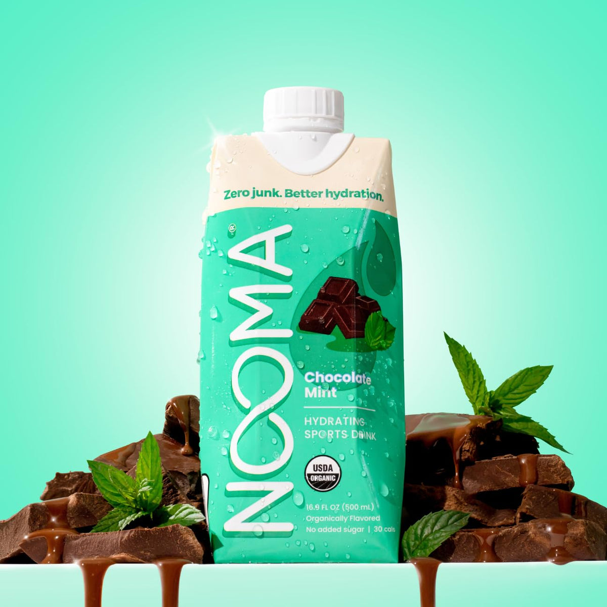 NOOMA Chocolate Mint bottle-front displays organic ingredients and clean label