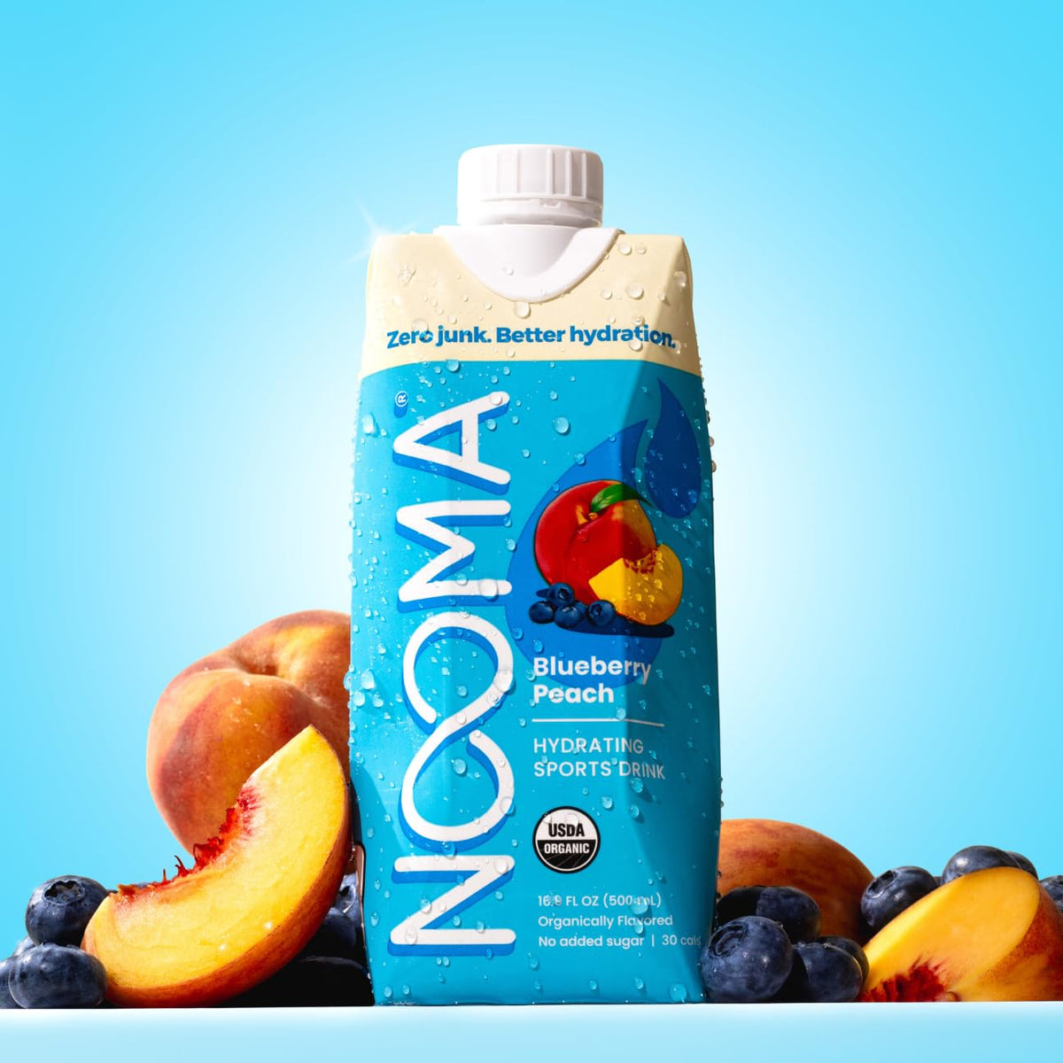 NOOMA Hydrating Sports Drink front view with Blueberry Peach flavor label.