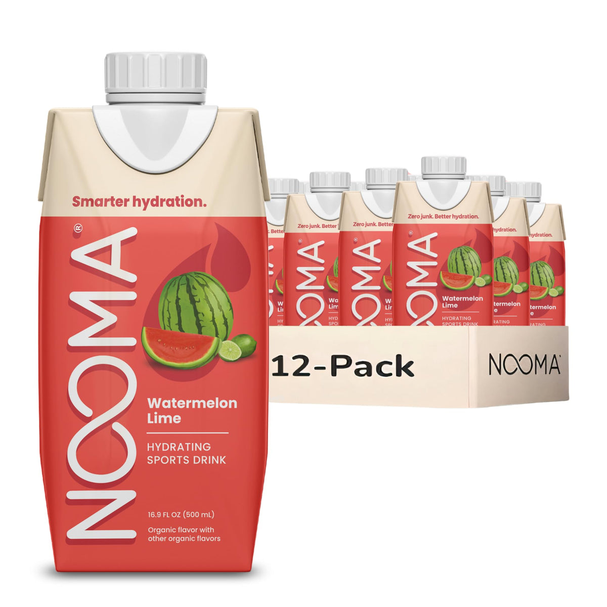 NOOMA Hydrating Sports Drink bottle front with watermelon lime flavor, great during workouts.