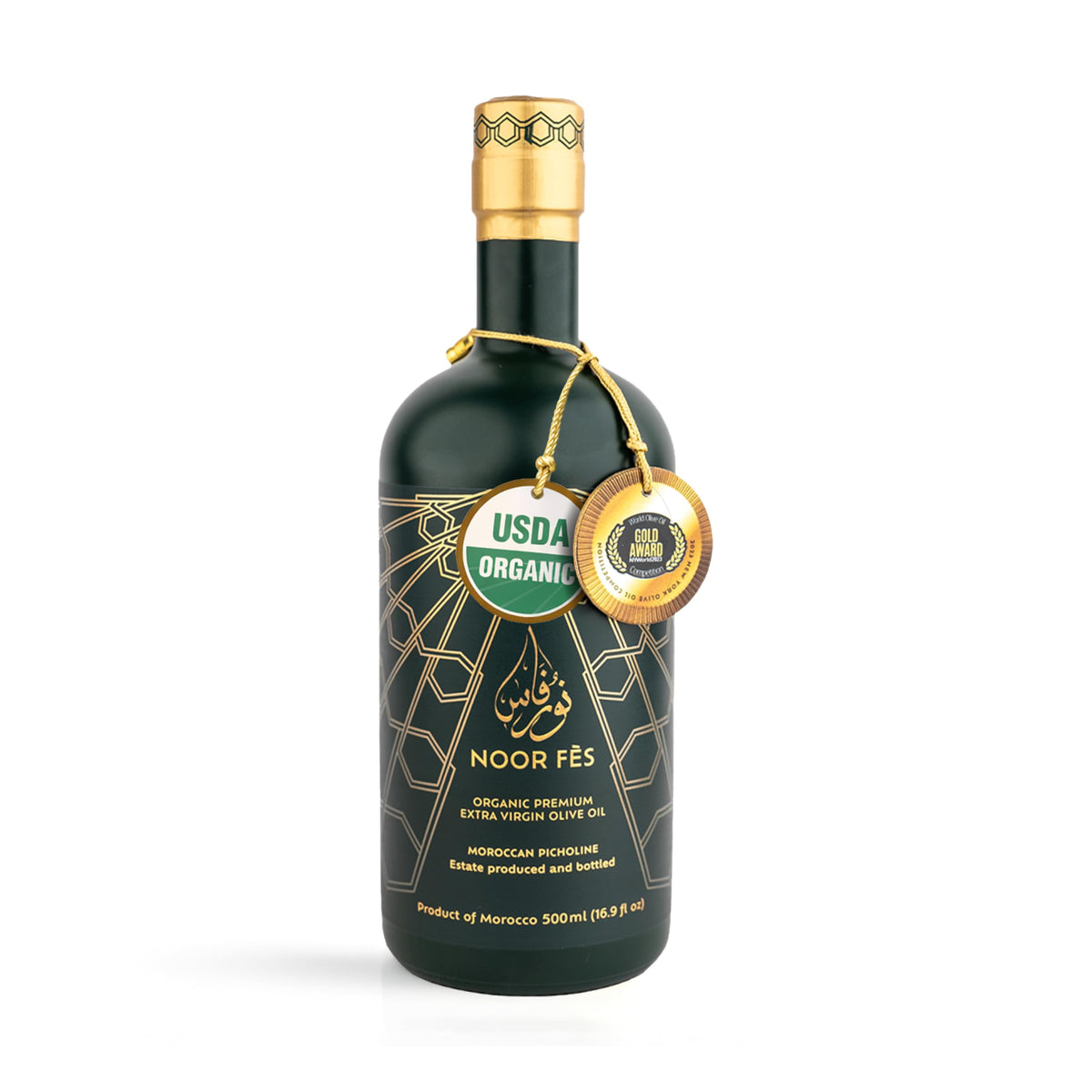 NOOR FÈS olive oil bottle front with premium packaging for home chefs