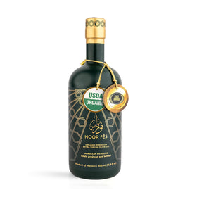 NOOR FÈS olive oil bottle front with premium packaging for home chefs