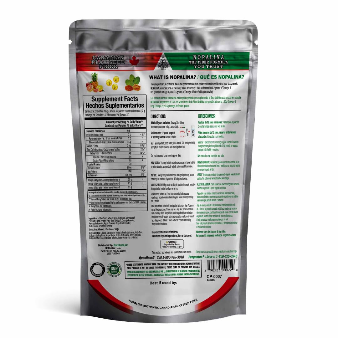 Nopalina Fiber Formula bag pouring to show easy mixing into daily routine for regularity.