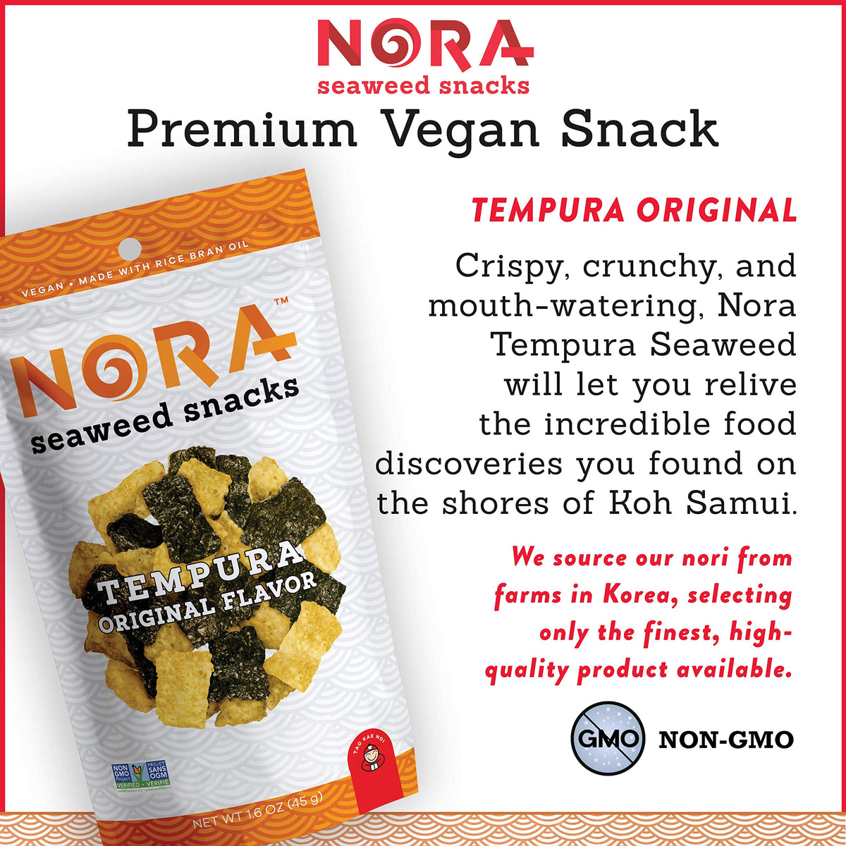 NORA premium Korean nori source for rich ocean flavors.
