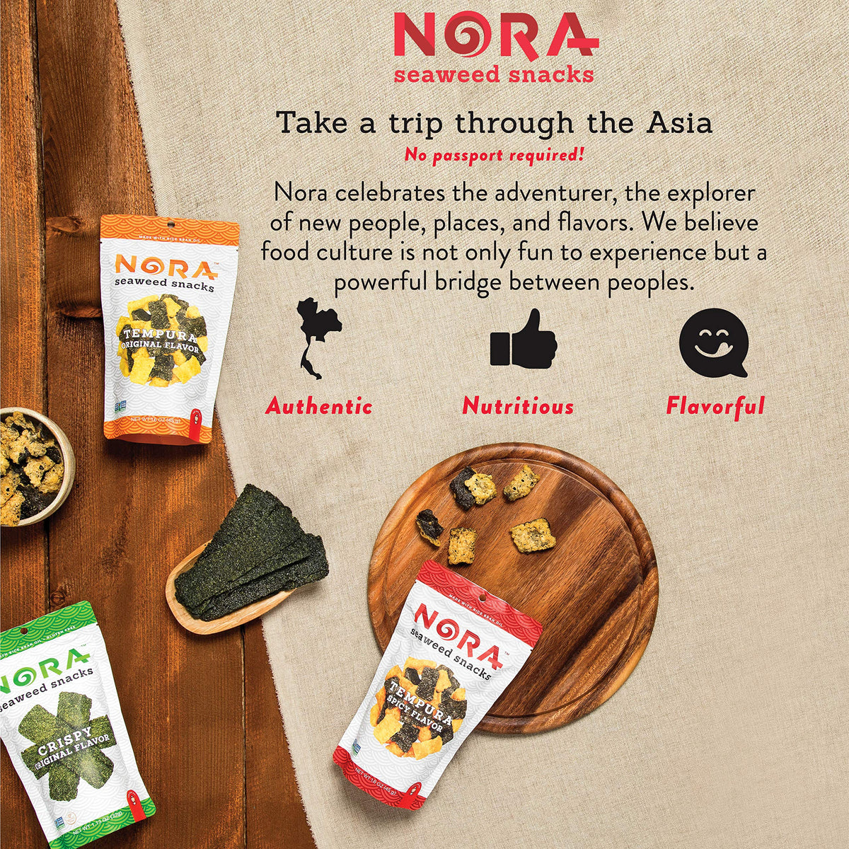 NORA seaweed snacks display in six-pack packaging for easy gifting.
